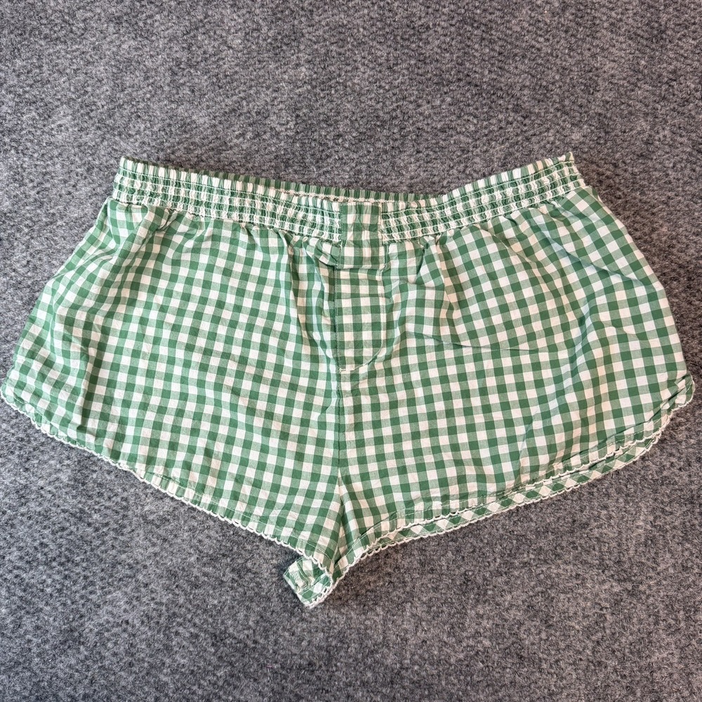 Anthropologie Green & White Gingham Boxer Shorts Women's Size Medium Cottagecore